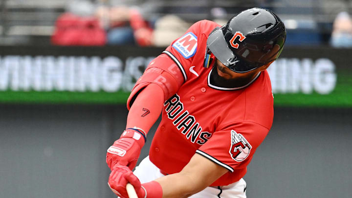 Apr 21, 2026; Cleveland, Ohio, USA; Cleveland Guardians right fielder George Valera (7) hits an RBI single during the first inning against the Houston Astros at Progressive Field. Mandatory Credit: Ken Blaze-Imagn Images