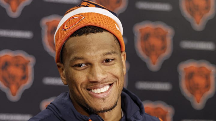 Jun 3, 2025; Lake Forest, IL, USA; Chicago Bears wide receiver DJ Moore (2) speaks during minicamp at Halas Hall. Mandatory Credit: Kamil Krzaczynski-Imagn Images