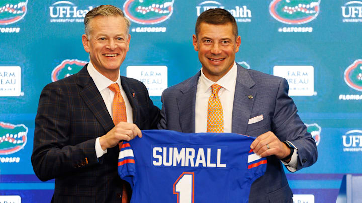 Florida Gators athletic director Scott Stricklin introduced new head coach Jon Sumrall on Dec. 1.