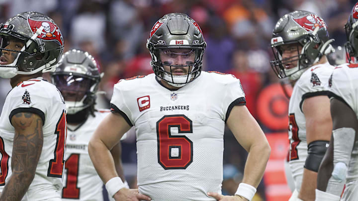 Nov 5, 2023; Houston, Texas, USA; Tampa Bay Buccaneers quarterback Baker Mayfield (6) reacts after a play during the fourth quarter against the Houston Texans at NRG Stadium. Mandatory Credit: Troy Taormina-Imagn Images
