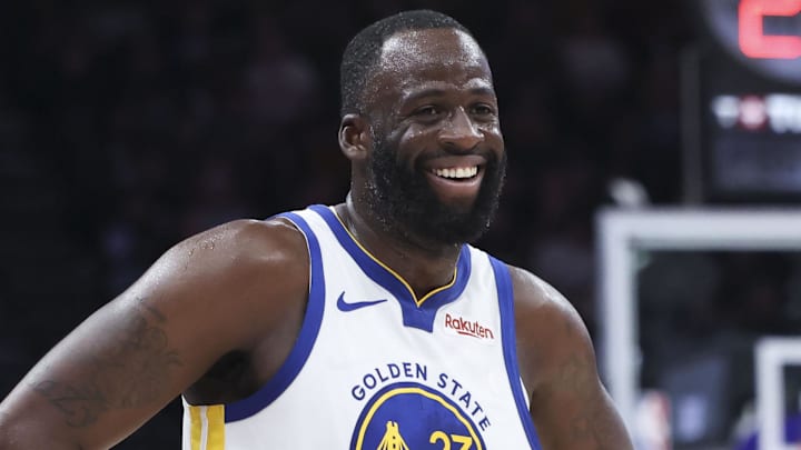 Jan 28, 2026; Salt Lake City, Utah, USA; Golden State Warriors forward Draymond Green (23) reacts after a play against the Utah Jazz during the second half at Delta Center. Mandatory Credit: Rob Gray-Imagn Images