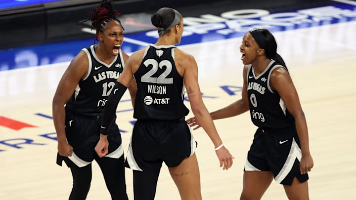 The Aces’ Big Three of (from left) Chelsea Gray, A’ja Wilson and Jackie Young led the way in Game 2, including a 32-point performance from Young. 