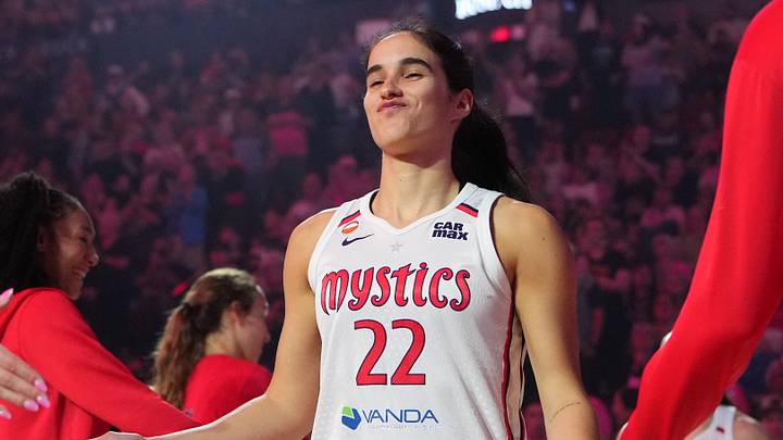 Aug 23, 2026; Portland, Oregon, USA; Washington Mystics guard Sonia Citron (22) is introduced before the game against the Portland Fire at Moda Center. Mandatory Credit: Soobum Im-Imagn Images