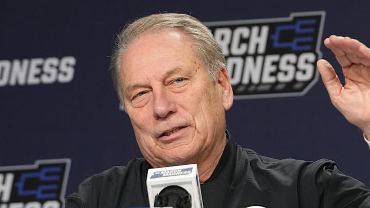 Mar 18, 2026; Buffalo, NY, USA; Michigan State Spartans Head Coach Tom Izzo answers questions during a press conference prior to a practice session ahead of the first round of the men's 2026 NCAA Tournament at Keybank Center.