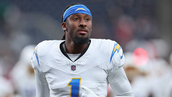 Aug 13, 2026; Houston, Texas, USA;  Los Angeles Chargers wide receiver Quentin Johnston (1) before the game against the Houston Texans at Reliant Stadium. Mandatory Credit: Troy Taormina-Imagn Images