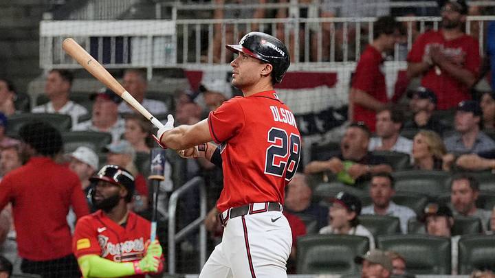 Oct 1, 2026; Cumberland, Georgia, USA;  Atlanta Braves infielder Matt Olson (28) watches the ball after hitting a solo home run against Philadelphia Phillies pitcher Jonathan Bowlan (not pictured) during the seventh inning in game three of the Wildcard round for the 2026 MLB Playoffs at Truist Field.  Mandatory Credit: Dale Zanine-Imagn Images