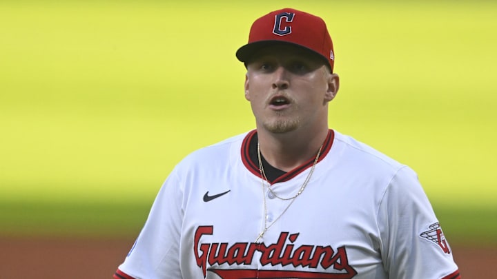 Aug 26, 2025; Cleveland, Ohio, USA; Cleveland Guardians starting pitcher Parker Messick (77) walks off the field at the end of the second inning against the Tampa Bay Rays at Progressive Field. Mandatory Credit: David Richard-Imagn Images
