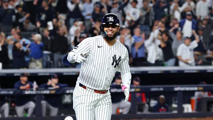 Sep 30, 2026; Bronx, New York, USA; New York Yankees first baseman Luis Garcia Jr. (26) reacts after hitting a solo home run in the fourth inning against the Boston Red Sox during game two of the Wildcard round for the 2026 MLB Playoffs at Yankee Stadium. Mandatory Credit: Vincent Carchietta-Imagn Images Sep 30, 2026; Bronx, New York, USA; New York Yankees first baseman Luis Garcia Jr. (26) reacts after hitting a solo home run in the fourth inning against the Boston Red Sox during game two of the Wildcard round for the 2026 MLB Playoffs at Yankee Stadium. Mandatory Credit: Vincent Carchietta-Imagn Images