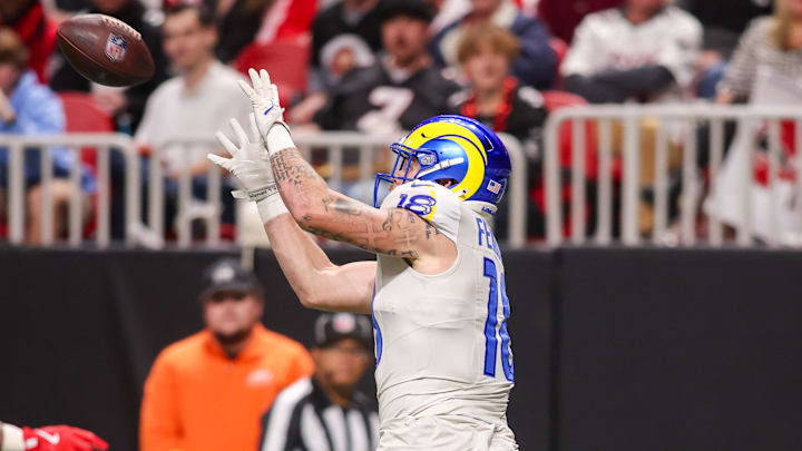 Dec 29, 2025; Atlanta, Georgia, USA; Los Angeles Rams tight end Terrance Ferguson (18) catches a pass for a touchdown against the Atlanta Falcons in the third quarter at Mercedes-Benz Stadium. Mandatory Credit: Brett Davis-Imagn Images