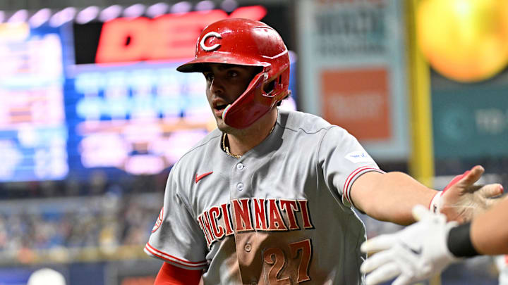 Apr 20, 2026; St. Petersburg, Florida, USA; Cincinnati Reds first baseman Sal Stewart (27) reacts after scoring a run in the seventh inning against the Tampa Bay Rays at Tropicana Field. Mandatory Credit: Jonathan Dyer-Imagn Images