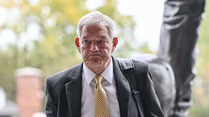 Oct 18, 2025; Iowa City, Iowa, USA; Iowa Hawkeyes head coach Kirk Ferentz enters Kinnick Stadium before the game against the Penn State Nittany Lions. Mandatory Credit: Jeffrey Becker-Imagn Images