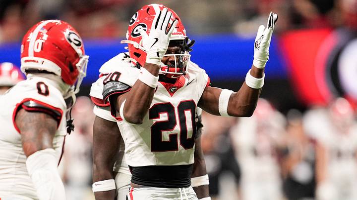 Dec 6, 2025; Atlanta, GA, USA; Georgia Bulldogs defensive back Jacorey Thomas (20) celebrates a sack during the third quarter against the Alabama Crimson Tide during the 2025 SEC Championship game at Mercedes-Benz Stadium. Mandatory Credit: Dale Zanine-Imagn Images Dec 6, 2025; Atlanta, GA, USA; Georgia Bulldogs defensive back Jacorey Thomas (20) celebrates a sack during the third quarter against the Alabama Crimson Tide during the 2025 SEC Championship game at Mercedes-Benz Stadium. Mandatory Credit: Dale Zanine-Imagn Images