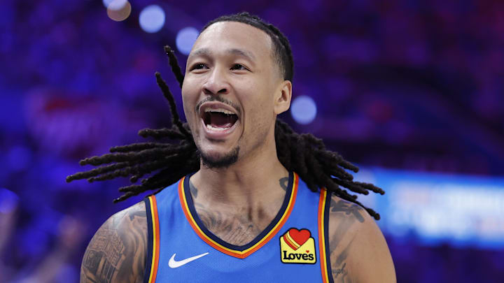 Apr 19, 2026; Oklahoma City, Oklahoma, USA; Oklahoma City Thunder forward Jaylin Williams (6) reacts after scoring against the Phoenix Suns in the second half during game one of the first round of the 2026 NBA Playoffs at Paycom Center. Mandatory Credit: Alonzo Adams-Imagn Images