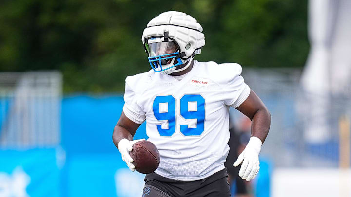 Detroit Lions defensive tackle Brodric Martin (99) practices during training camp at Meijer Performance Center in Allen Park on Sunday, July 20, 2025.