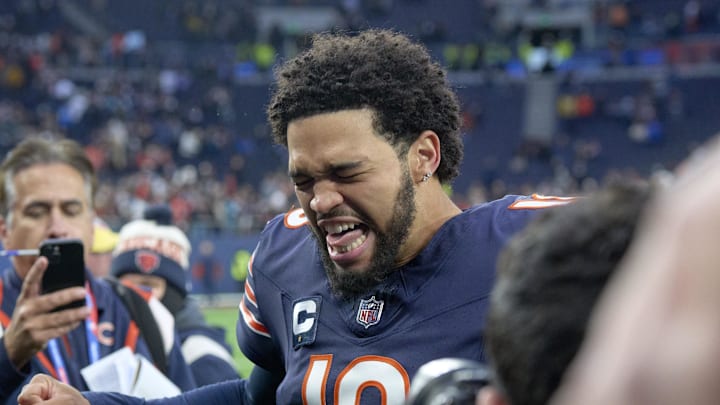 Oct 13, 2024; London, United Kingdom; Chicago Bears quarterback Caleb Williams (18) after an NFL International Series game at Tottenham Hotspur Stadium. Mandatory Credit: Peter van den Berg-Imagn Images