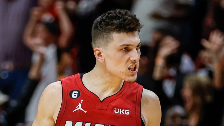 Miami Heat guard Tyler Herro (14) reacts after scoring during the fourth quarter against the Indiana Pacers at FTX Arena on December 23, 2022.