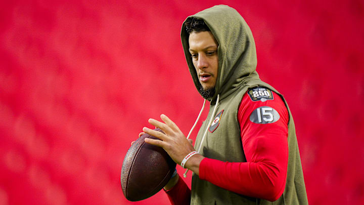 Oct 27, 2025; Kansas City, Missouri, USA; Kansas City Chiefs quarterback Patrick Mahomes (15) warms up prior to a game against the Washington Commanders at GEHA Field at Arrowhead Stadium. Mandatory Credit: Jay Biggerstaff-Imagn Images