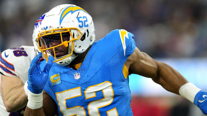 Dec 23, 2023; Inglewood, California, USA; Los Angeles Chargers linebacker Khalil Mack (52) rushes against the Buffalo Bills in the second half at SoFi Stadium. Mandatory Credit: Kirby Lee-Imagn Images