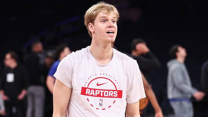 Nov 30, 2025; New York, New York, USA;  Toronto Raptors guard Gradey Dick (1) warms up prior to the game against the New York Knicks at Madison Square Garden. Mandatory Credit: Wendell Cruz-Imagn Images