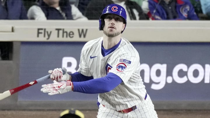 Oct 9, 2025; Chicago, Illinois, USA; Chicago Cubs' Kyle Tucker (30) watches his solo home run off Milwaukee Brewers pitcher Robert Gasser (54) during the seventh inning during game four of the NLDS round for the 2025 MLB playoffs at Wrigley Field. Mandatory Credit: Mark Hoffman-USA TODAY Network via Imagn Images