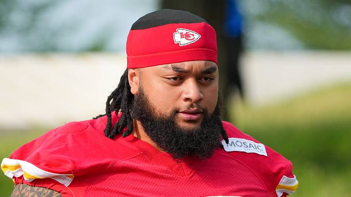 Jul 29, 2026; St. Joseph, MO, USA; Kansas City Chiefs offensive lineman Esa Pole (79) walks down the hill to the practice fields during training camp at Missouri Western State University. Mandatory Credit: Denny Medley-Imagn Images