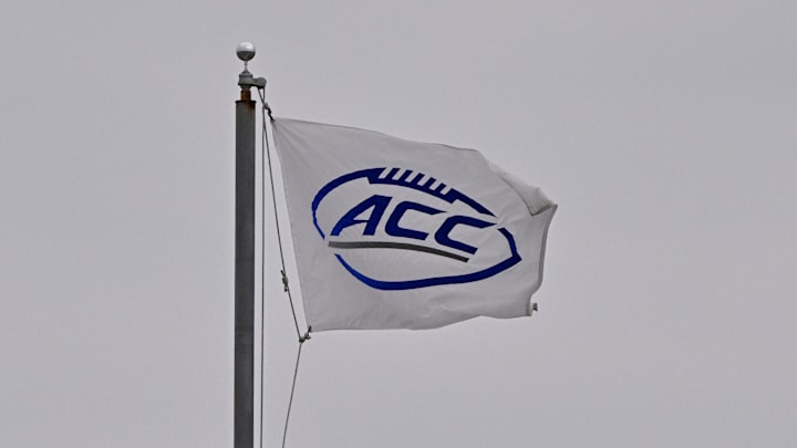 Sep 6, 2025; Dallas, Texas, USA; A view of the ACC and SMU logo during the game between the SMU Mustangs and the Baylor Bears at Gerald J. Ford Stadium. Mandatory Credit: Jerome Miron-Imagn Images