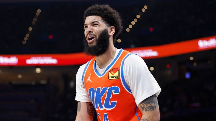 Jan 25, 2026; Oklahoma City, Oklahoma, USA; Oklahoma City Thunder guard/forward Kenrich Williams (34) reacts after a call against him during play against the Toronto Raptors in the second half at Paycom Center. Mandatory Credit: Alonzo Adams-Imagn Images Jan 25, 2026; Oklahoma City, Oklahoma, USA; Oklahoma City Thunder guard/forward Kenrich Williams (34) reacts after a call against him during play against the Toronto Raptors in the second half at Paycom Center. Mandatory Credit: Alonzo Adams-Imagn Images