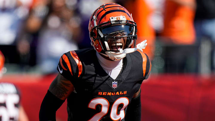 Cincinnati Bengals cornerback Cam Taylor-Britt (29) celebrates a safety in the second quarter of the NFL Week 5 game between the Cincinnati Bengals and Baltimore Ravens at Paycor Stadium in downtown Cincinnati on Sunday, Oct. 6, 2024. The Bengals led 17-14 at halftime.