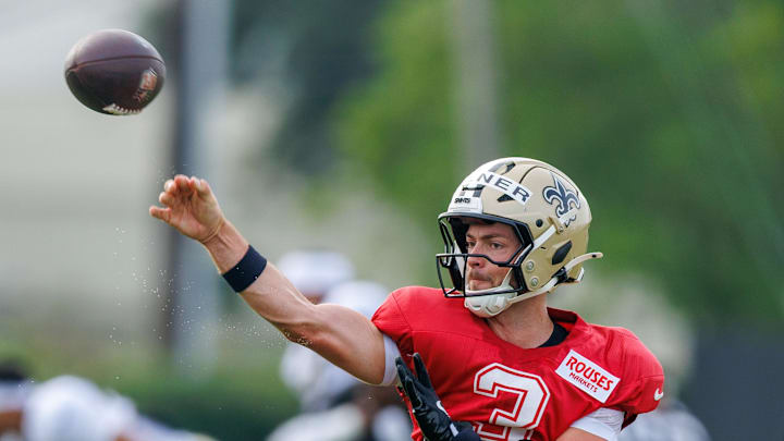 Jul 30, 2025; New Orleans, LA, USA;   New Orleans Saints quarterback Jake Haener (3) during training camp at Ochsner Sports Performance Center. Mandatory Credit: Stephen Lew-Imagn Images
