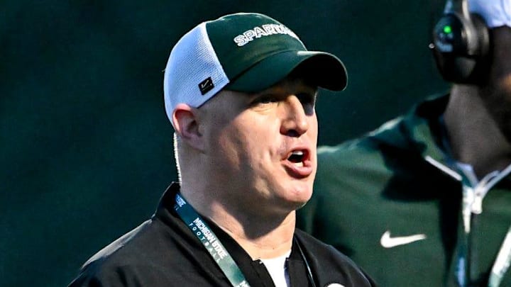 Michigan State head coach Pat Fitzgerald instructs players during spring football practice on Tuesday, April 14, 2026, in East Lansing.