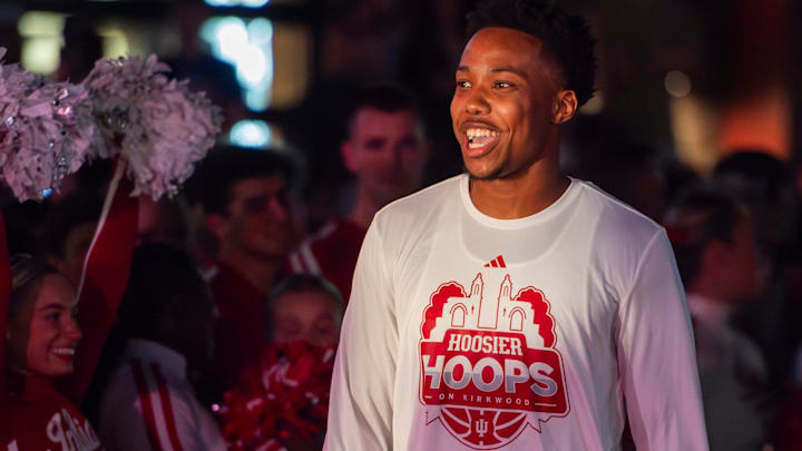 Indiana's Nick Dorn is introduced Oct. 2, 2025, during the Hoosier Hoops on Kirkwood event just outside the Sample Gates.
