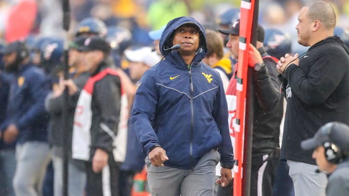 Nov 12, 2022; Morgantown, West Virginia, USA; West Virginia Mountaineers assistant coach Chad Scott during the second quarter against the Oklahoma Sooners at Mountaineer Field at Milan Puskar Stadium. Mandatory Credit: Ben Queen-Imagn Images