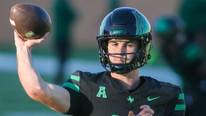 Oct 10, 2025; Denton, Texas, USA; North Texas Mean Green quarterback Drew Mestemaker (17) warms up prior to a game against the South Florida Bulls at DATCU Stadium. Mandatory Credit: Raymond Carlin III-Imagn Images