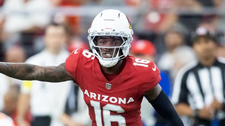Aug 9, 2025; Glendale, Arizona, USA; Arizona Cardinals cornerback Max Melton (16) against the Kansas City Chiefs during a preseason NFL game at State Farm Stadium. Mandatory Credit: Mark J. Rebilas-Imagn Images