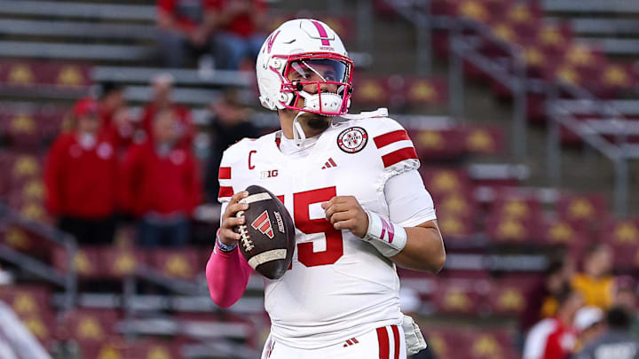 Dylan Raiola warms up before the game against the Minnesota Golden Gophers.