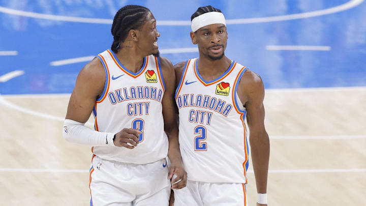 Jun 16, 2025; Oklahoma City, Oklahoma, USA; Oklahoma City Thunder forward Jalen Williams (8) and guard Shai Gilgeous-Alexander (2) walk back up the court in the first quarter against the Indiana Pacers during game five of the 2025 NBA Finals at Paycom Center. Mandatory Credit: Alonzo Adams-Imagn Images Jun 16, 2025; Oklahoma City, Oklahoma, USA; Oklahoma City Thunder forward Jalen Williams (8) and guard Shai Gilgeous-Alexander (2) walk back up the court in the first quarter against the Indiana Pacers during game five of the 2025 NBA Finals at Paycom Center. Mandatory Credit: Alonzo Adams-Imagn Images
