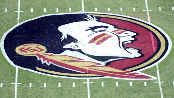 Apr 12, 2014; Tallahassee, FL, USA; The Florida State Seminoles logo before the start of the spring game at Doak Campbell Stadium.