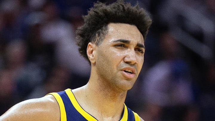 Dec 30, 2023; San Francisco, California, USA; Golden State Warriors forward Trayce Jackson-Davis (32) reacts as he is called for his third personal foul during the second quarter against the Dallas Mavericks at Chase Center. Mandatory Credit: D. Ross Cameron-Imagn Images Dec 30, 2023; San Francisco, California, USA; Golden State Warriors forward Trayce Jackson-Davis (32) reacts as he is called for his third personal foul during the second quarter against the Dallas Mavericks at Chase Center. Mandatory Credit: D. Ross Cameron-Imagn Images