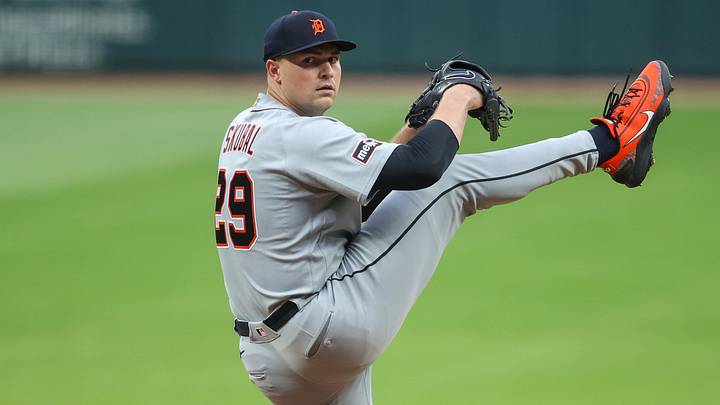 Detroit Tigers starting pitcher Tarik Skubal (29) throws on the mound. 