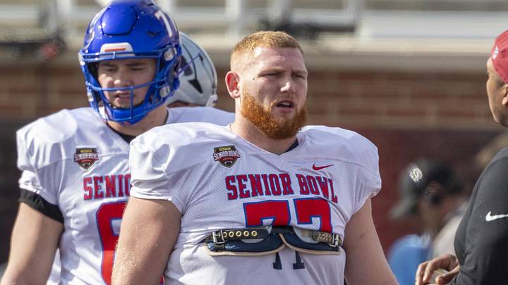 Jan 29, 2026; Mobile, AL, USA; National offensive lineman Keylan Rutledge (77) of Georgia Tech takes a breather during National Senior Bowl practice at Hancock Whitney Stadium. Mandatory Credit: Vasha Hunt-Imagn Images Jan 29, 2026; Mobile, AL, USA; National offensive lineman Keylan Rutledge (77) of Georgia Tech takes a breather during National Senior Bowl practice at Hancock Whitney Stadium. Mandatory Credit: Vasha Hunt-Imagn Images