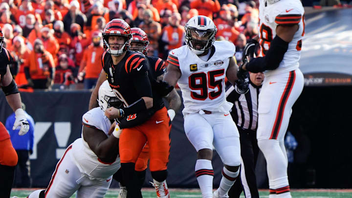 Bengals Joe Burrow (9) launches a pass during their game against the Browns at Paycor Stadium on Sunday December 22, 2024. Bengals lead the game at halftime with a score of 17-0.