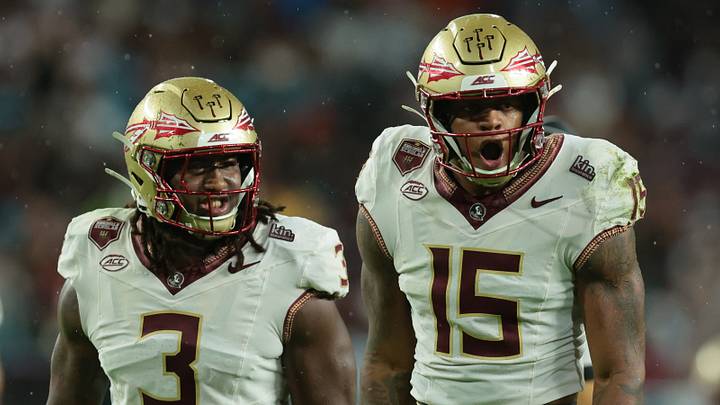 Oct 17, 2026; Miami Gardens, Florida, USA; Florida State Seminoles defensive line Rylan Kennedy (15) and defensive line Mandrell Desir (3) celebrate after a sack during the second quarter against the Miami Hurricanes at Hard Rock Stadium. Mandatory Credit: Sam Navarro-Imagn Images Oct 17, 2026; Miami Gardens, Florida, USA; Florida State Seminoles defensive line Rylan Kennedy (15) and defensive line Mandrell Desir (3) celebrate after a sack during the second quarter against the Miami Hurricanes at Hard Rock Stadium. Mandatory Credit: Sam Navarro-Imagn Images
