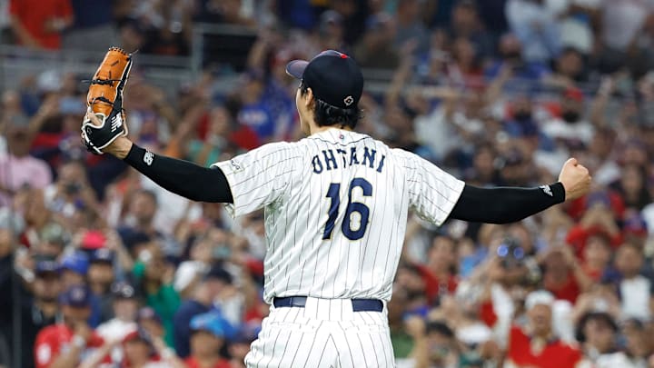 Team Japan pitcher Shohei Ohtani (16) celebrates striking out Mike Trout to end the championship game of the 2023 World Baseball Classic against the the USA during the ninth inning at LoanDepot Park. Team Japan pitcher Shohei Ohtani (16) celebrates striking out Mike Trout to end the championship game of the 2023 World Baseball Classic against the the USA during the ninth inning at LoanDepot Park.
