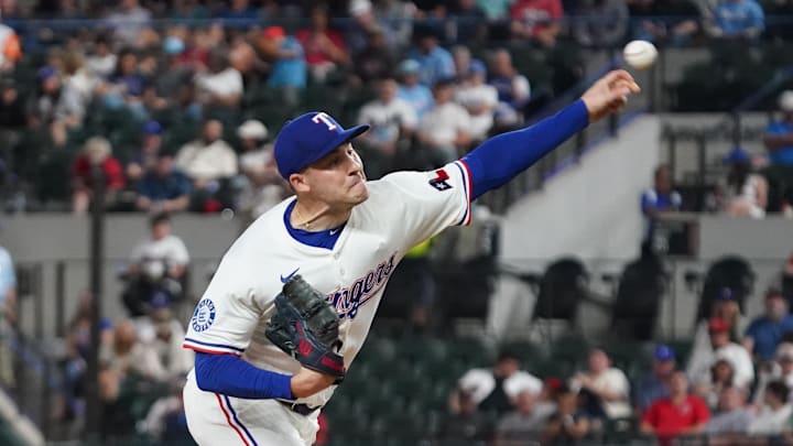 Apr 16, 2025; Arlington, Texas, USA; Texas Rangers starting pitcher Patrick Corbin (46) throws to the plate during the first inning against the Los Angeles Angels at Globe Life Field.