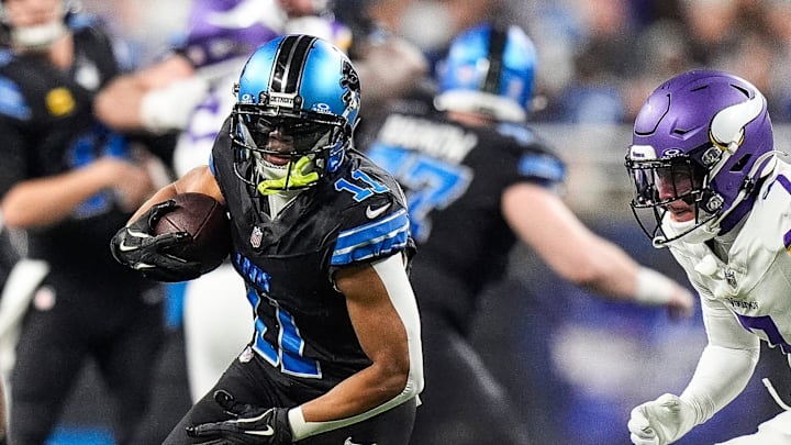 Detroit Lions wide receiver Kalif Raymond (11) runs against Minnesota Vikings cornerback Byron Murphy Jr. (7)