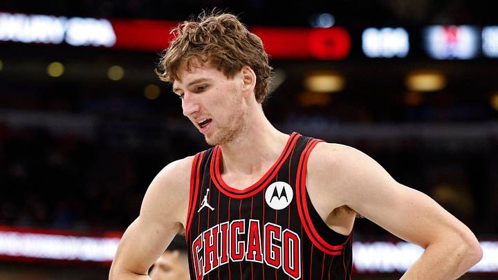Nov 21, 2025; Chicago, Illinois, USA; Chicago Bulls forward Matas Buzelis (14) reacts during the second half at United Center. Mandatory Credit: Kamil Krzaczynski-Imagn Images
