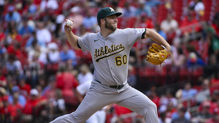 Sep 1, 2025; St. Louis, Missouri, USA;  Athletics pitcher Justin Sterner (60) pitches against the St. Louis Cardinals during the seventh inning at Busch Stadium. Mandatory Credit: Jeff Curry-Imagn Images