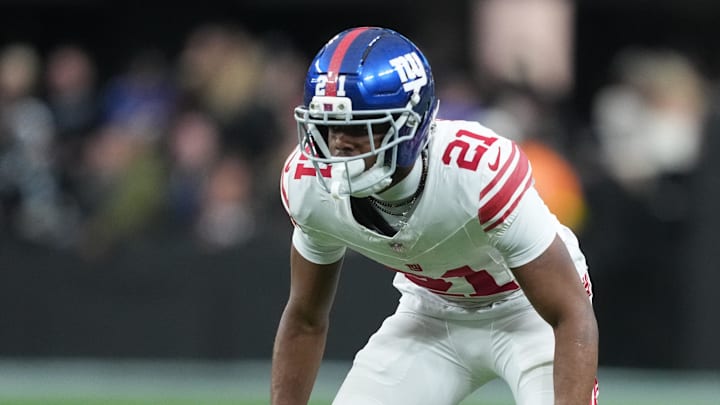 Dec 28, 2025; Paradise, Nevada, USA; New York Giants cornerback Paulson Adebo (21) looks on during the second half against the Las Vegas Raiders at Allegiant Stadium. Mandatory Credit: Kirby Lee-Imagn Images