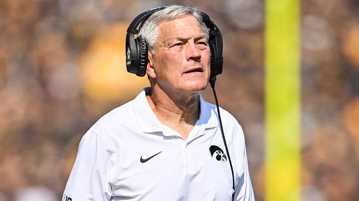Oct 12, 2024; Iowa City, Iowa, USA; Iowa Hawkeyes head coach Kirk Ferentz looks on during the fourth quarter against the Washington Huskies at Kinnick Stadium. The victory would the 200th of Ferentz’s Big Ten career. Mandatory Credit: Jeffrey Becker-Imagn Images Oct 12, 2024; Iowa City, Iowa, USA; Iowa Hawkeyes head coach Kirk Ferentz looks on during the fourth quarter against the Washington Huskies at Kinnick Stadium. The victory would the 200th of Ferentz’s Big Ten career. Mandatory Credit: Jeffrey Becker-Imagn Images