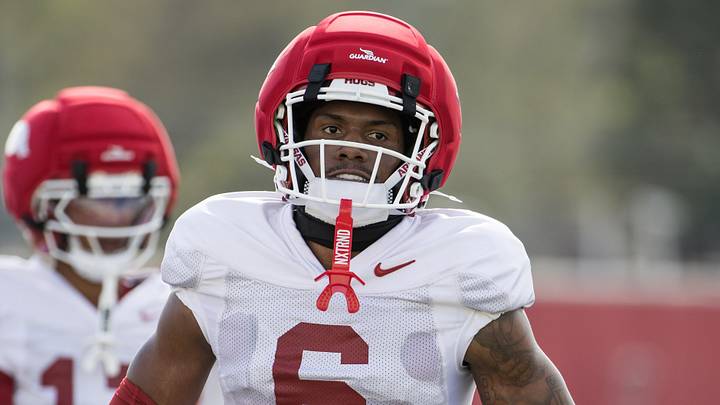 Arkansas Razorbacks wide receiver Chris Marshall (6) puts his hands on his hips in between drills during spring practice at the Arkansas Razorbacks practice facilities. Arkansas Razorbacks wide receiver Chris Marshall (6) puts his hands on his hips in between drills during spring practice at the Arkansas Razorbacks practice facilities.